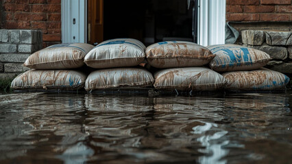 Protection against floodwaters Sandbags stacked against a doorway to prevent water damage and flooding