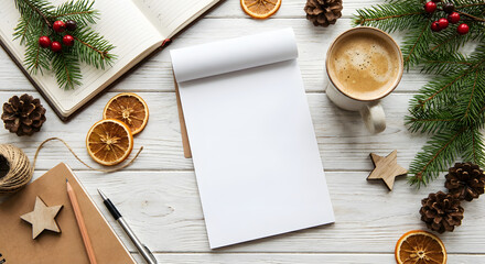 A cozy winter flat lay with a blank notepad mockup, coffee, and festive decorations on a white wooden table.
