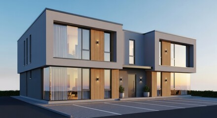 Contemporary Multi-Story Building Exterior with Modern Architectural Design, Large software, Wood Accents, and Dedicated Parking under Clear Sky