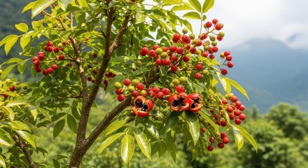 Vibrant tropical tree branch laden with ripe and unripe red and green berries, featuring unique split-open red fruits revealing black seeds, set against a blurred green and mountain backdrop