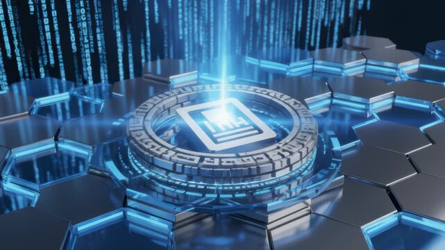Logo on Hexagonal Platform With Binary Code Animation Background