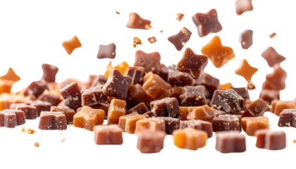 Close-up of star-shaped treats cascading, varied brown hues, isolated on black