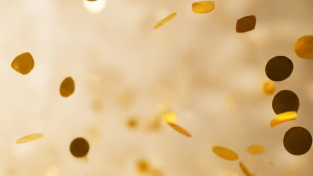 Golden Confetti Particles Falling in Slow Motion.
