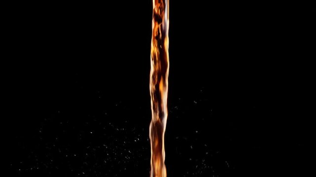 A mesmerizing stream of golden liquid gracefully pours against a stark black background creating a captivating visual effect