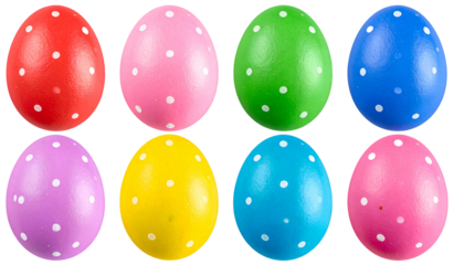 Eight colorful eggs with white polka dots, arranged in two rows, on a black background