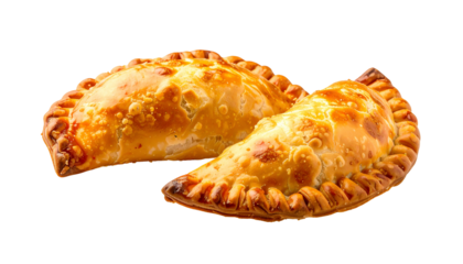 Two golden, crimped-edged pastries sit against a black background