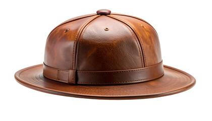 Close-up of a brown leather pith helmet with a wide brim, isolated on black