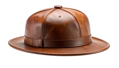 Close-up of a brown leather pith helmet with a wide brim, isolated on black