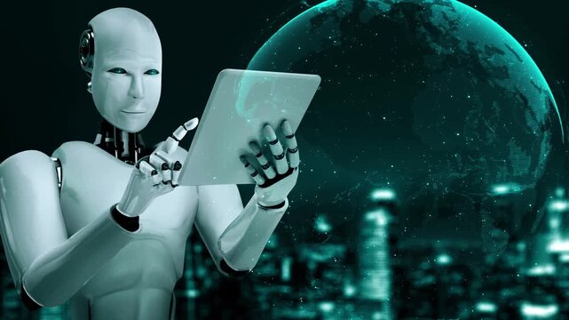AI Robot Humanoid Cloud Computing Technology Store Data Online Server Infrastructure in 4K Ultra HD footage