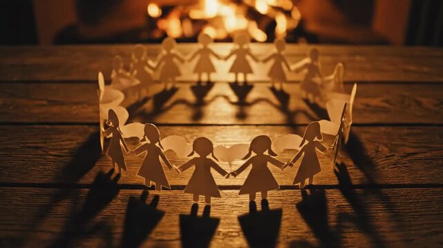 Paper dolls forming a chain circle on wooden surface with light in background
