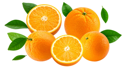 Vivid photo of fresh oranges, some halved, with vibrant green leaves, against a black backdrop