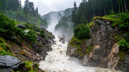 A beautiful waterfall flows through a green forested mountain landscape in Yosemite National Park during summer