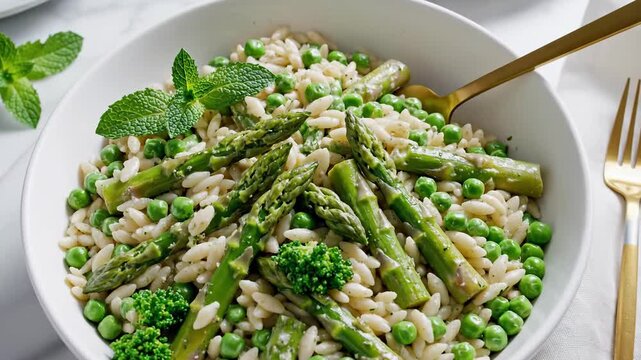 Delicious orzo salad with asparagus served in a white bowl