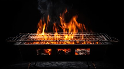 A sizzling view of a charcoal grill with bright flames and glowing coals beneath the cooking grate. Perfect for barbecue enthusiasts and culinary themes.