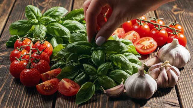 Person arranging fresh basil tomatoes and garlic on a wooden surface