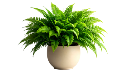 Lush, vibrant green fern plant in a simple beige pot, isolated against a black background