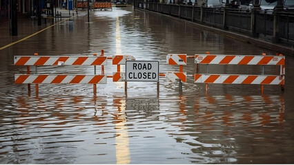 Urban street heavily submerged by floodwaters, barricaded with 'ROAD CLOSED' signs and safety barriers, indicating hazardous conditions and significant traffic disruption