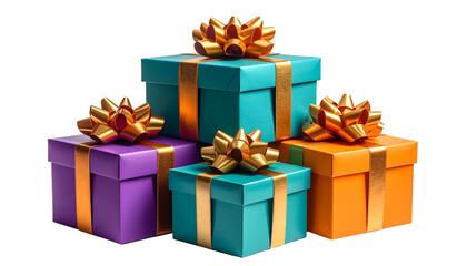 Stacked, colorful gift boxes with golden bows, against a black background