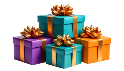 Stacked, colorful gift boxes with golden bows, against a black background
