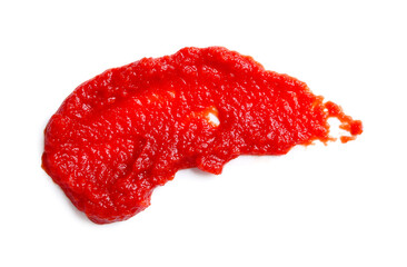 Fototapeta premium Red sauce smear isolated on white background, abstract ketchup or tomato puree stain texture, food splatter brush stroke with copy space