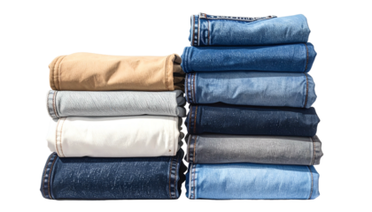 A stack of folded denim and other trousers in varied colors against a transparent background