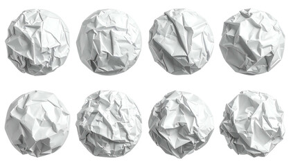 Fototapeta premium Eight crumpled paper spheres in rows on a black background. Varying creases create texture