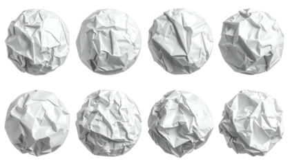 Eight crumpled paper spheres in rows on a black background. Varying creases create texture