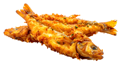 Golden, crispy fried fish, overlapping against a dark background, garnished with herbs