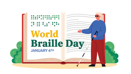 World braille day illustration with man and large book