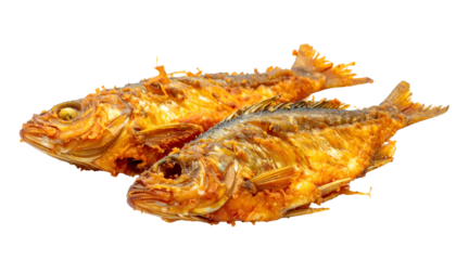 Two golden-brown, crispy fried whole fish sit atop a clean, neutral background