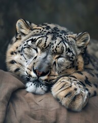 Obraz premium Sleeping Snow Leopard on Brown Fabric