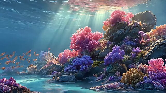 A vibrant coral reef teeming with marine life beneath the ocean's surface. Fantasy landscape anime or cartoon style, seamless looping 4k time-lapse virtual video.