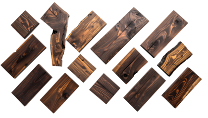 Angled rectangular wooden planks arranged against a black background