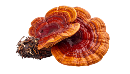 Close-up of vibrant, layered mushroom with deep red and amber hues, on black