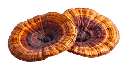 Close-up of two bracket fungi, reddish-brown with concentric rings, isolated on black