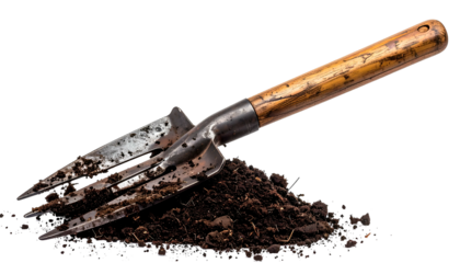 A gardening fork rests on a small pile of dark soil, set against a black background