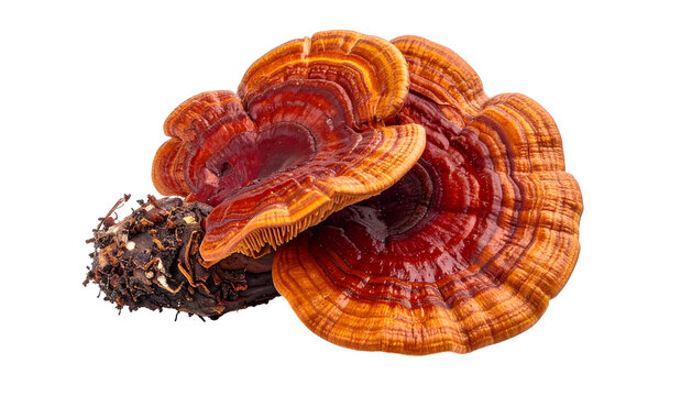Close-up of vibrant, layered mushroom with deep red and amber hues, on black