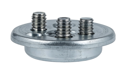 Close-up of a circular metal device with three protruding threaded studs