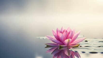 Beautiful Pink Lotus Flower Blooming on Calm Water Surface with Reflection and Soft Sunlight