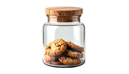 Clear glass jar with wooden lid holding a stack of chocolate chip cookies