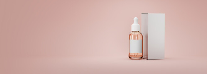 Serum skincare bottle and box in soft pink background with copy space. Hyaluronic acid, cosmetics organic serum product with peptide and empty label for mockup. Banner format High resolution render.