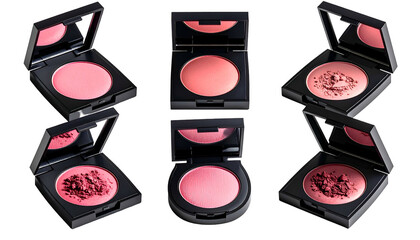 Assortment of pink blush compacts with mirrors, some with loose powder
