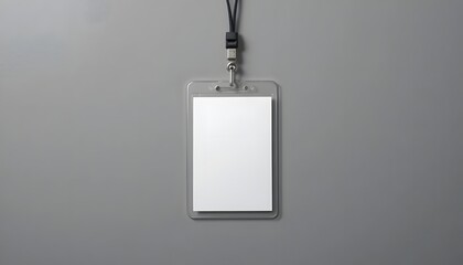 Blank employee ID badge on lanyard against gray background