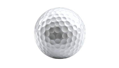 A close-up of a white golf ball with dimples against a stark black background