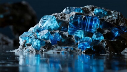 Blue crystalline mineral formation on rocky surface with reflective water
