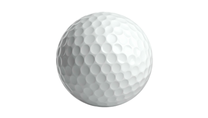 A close-up of a white golf ball with dimples on a black background