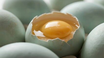 Close-up of a cracked blue egg revealing a vibrant yellow yolk surrounded by other intact eggs