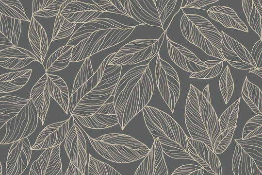 Tropical leaf line art wallpaper background vector. Natural leaves pattern design in minimalist linear.	
