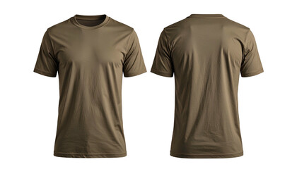 Front and back view studio shot of a tan crew neck t-shirt on a black background
