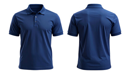 Front and back views of a dark blue short-sleeved polo shirt, isolated on black